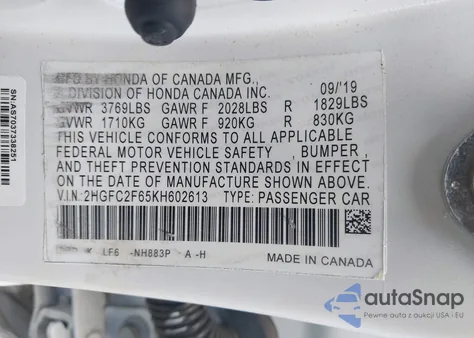 2019 Honda Civic Lx from USA, damaged, VIN 2HGFC2F65KH602613